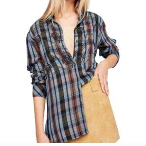 Free People Magical Plaid Embroidered Button Down Plaid Shirt - Blue and Brown